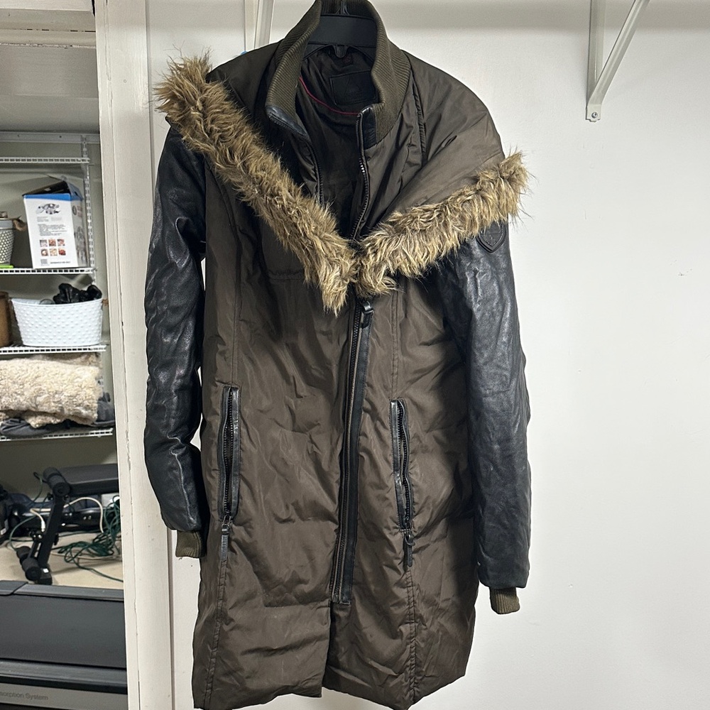 Brown and Black Fur-Trimmed Down Coat